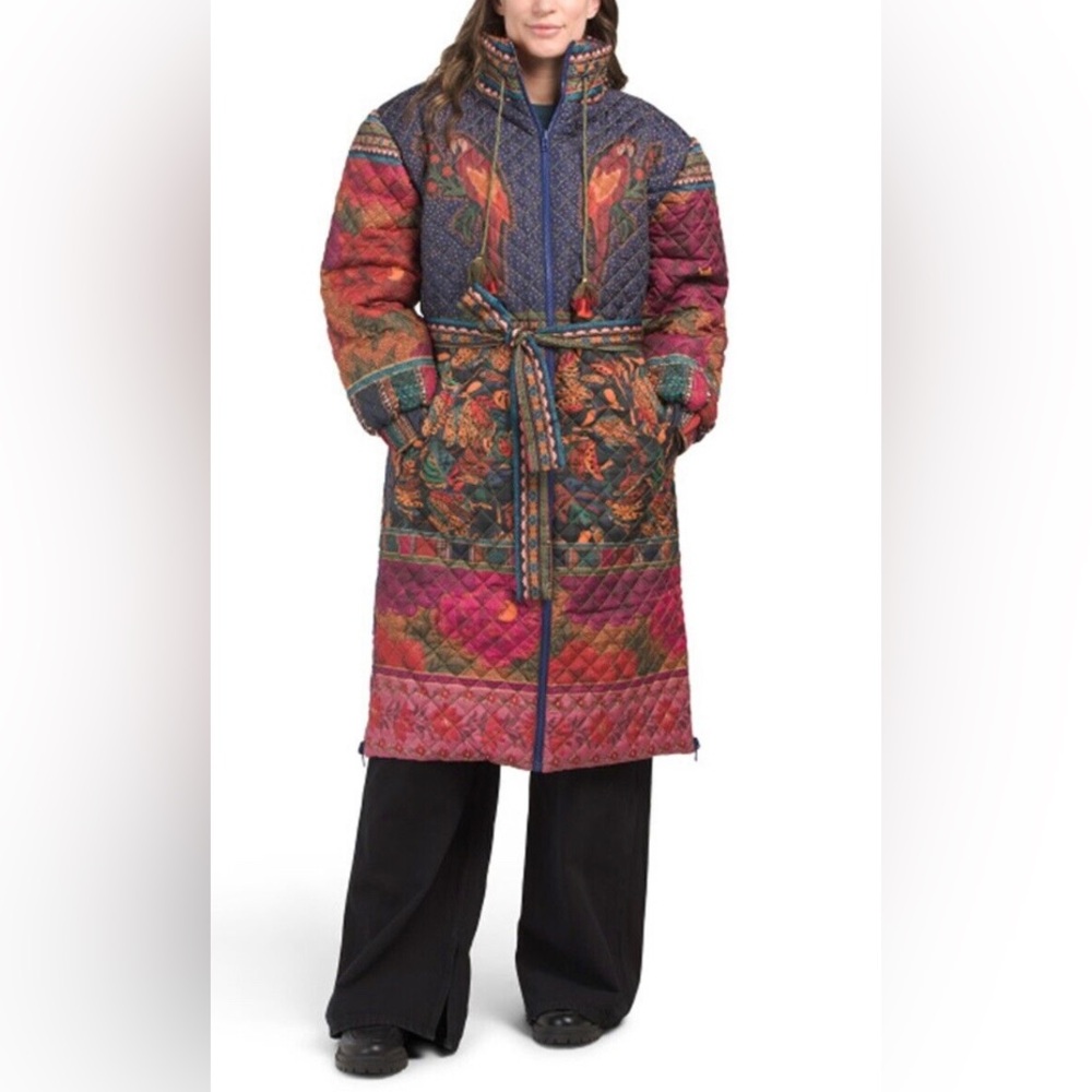 NWT Farm Rio Patchwork Midi Puffer Jacket Parrot Size Small